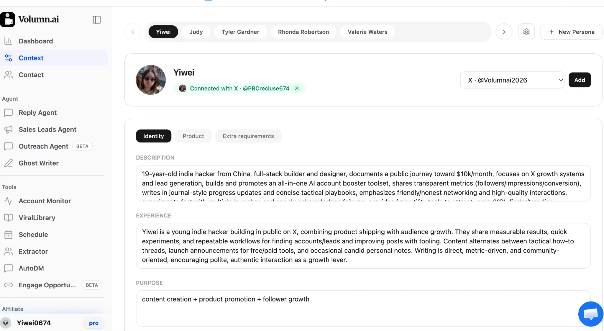 Volumn.ai Context & Persona configuration page showing Identity, Product, and Extra requirements tabs