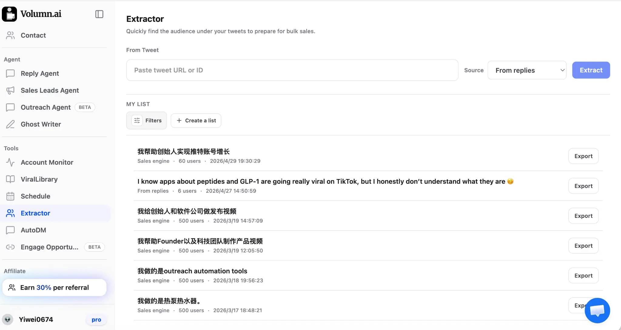 Volumn.ai Extractor tool showing tweet URL input, source selector (From replies), and a list of extracted customer lists with user counts and export buttons