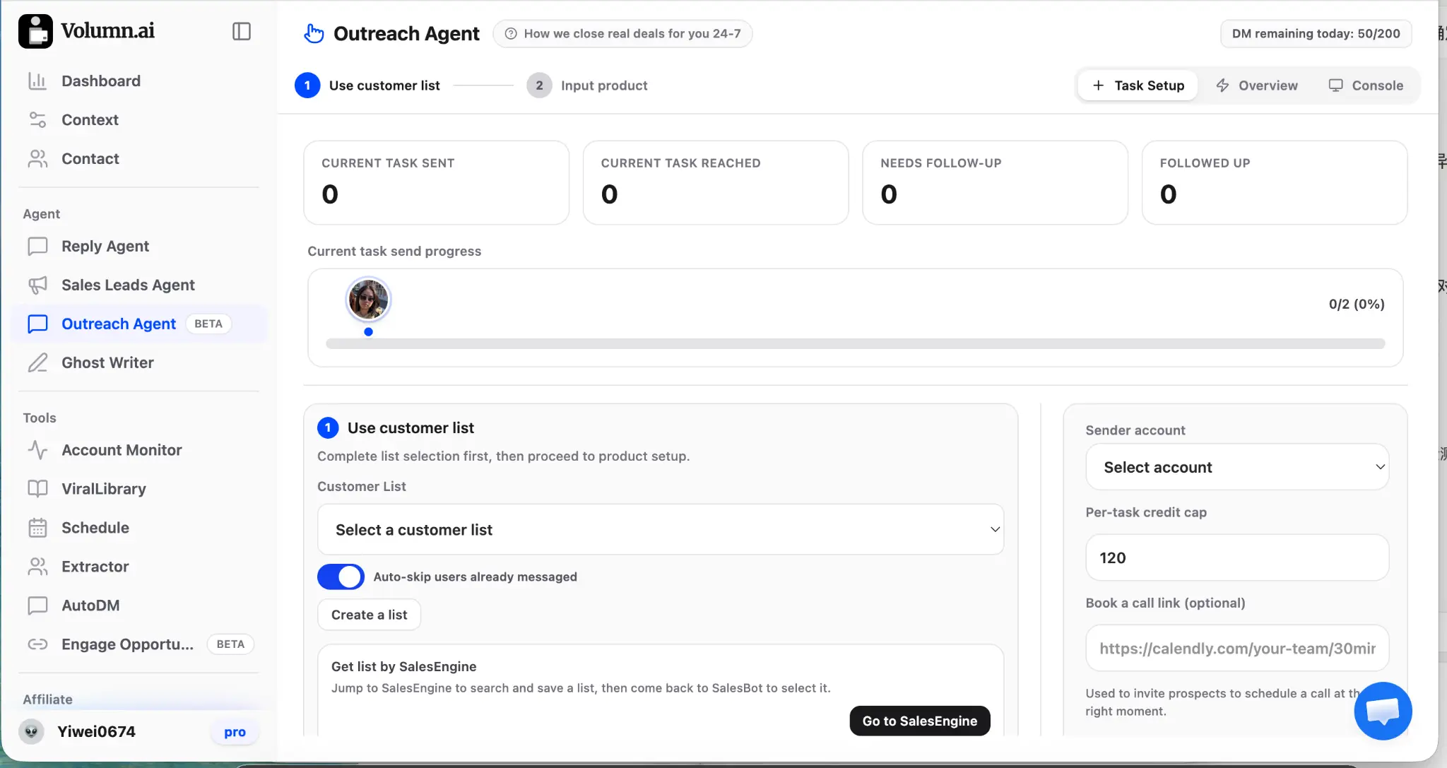 Volumn.ai Outreach Agent dashboard showing task stats (sent, reached, needs follow-up, followed up), customer list selection, and sender account settings
