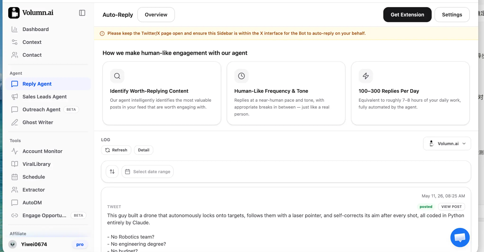 Volumn.ai Reply Agent overview showing auto-reply features: Identify Worth-Replying Content, Human-Like Frequency & Tone, and 100–300 Replies Per Day