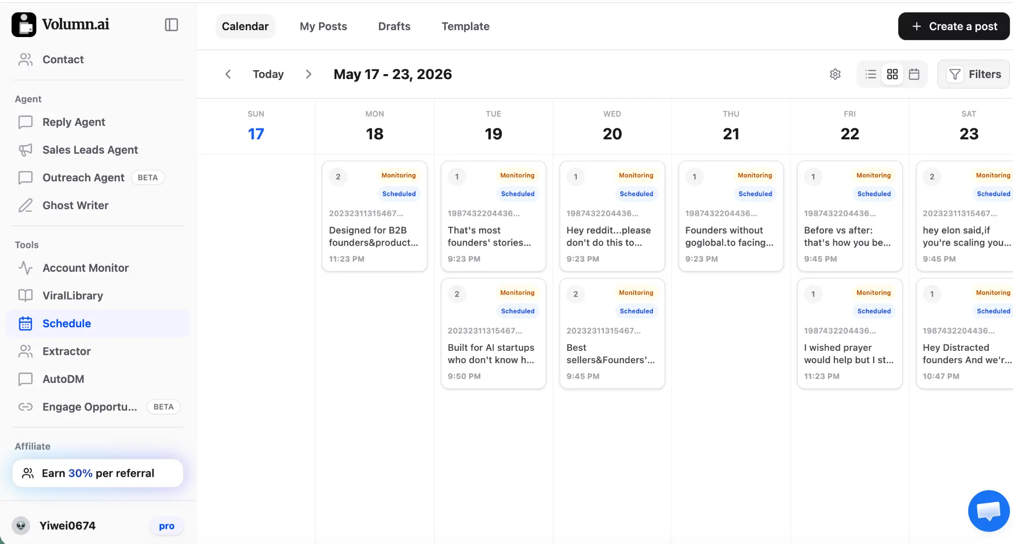 Volumn.ai Schedule calendar view showing weekly post schedule with Monitoring and Scheduled status tags for multiple posts across the week